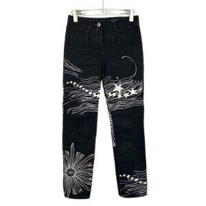 Chanel Black Denim Jeans With White Graphic Print & Button Detail